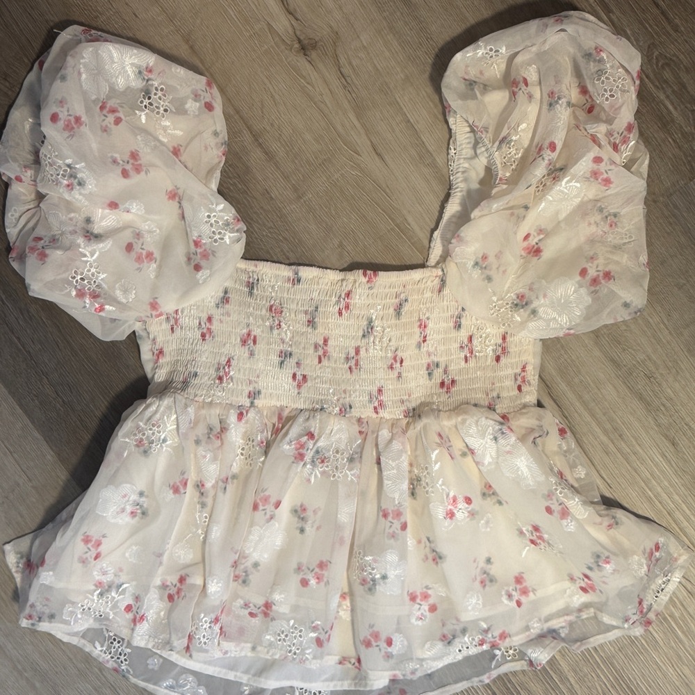 Altar'd State Cream Smocked Top with Subtle Pastel Floral - Picture 2 of 8